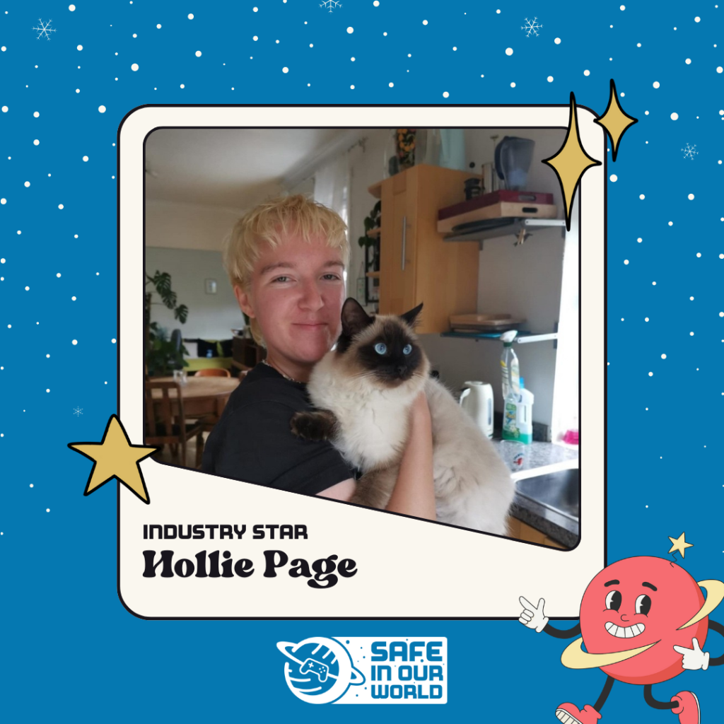 Image of Hollie Page, industry star, with Safe In Our World logo, and small red planet with happy face.