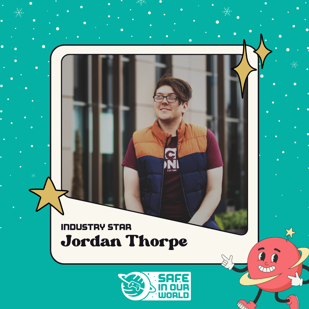 Image of Jordan Thorpe, industry star, with Safe In Our World logo, and small red planet with happy face.