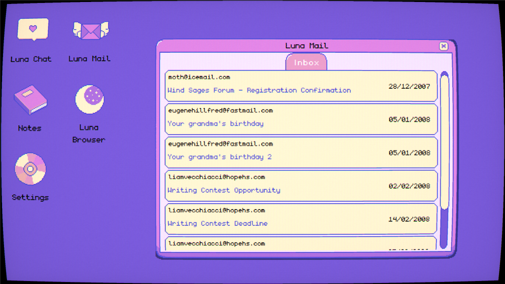 Screenshot of video game submission: Just A Month. Shows computer desktop with open emails.