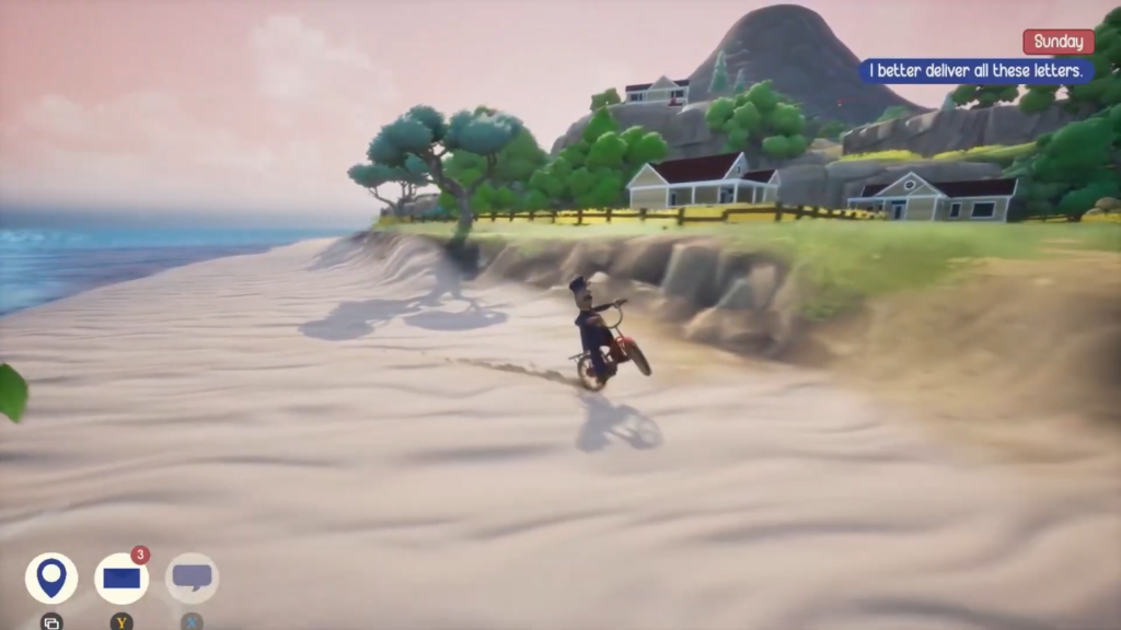 Screenshot from video game submission: Letters, showing postman on a bike, doing a wheelie on a beach.