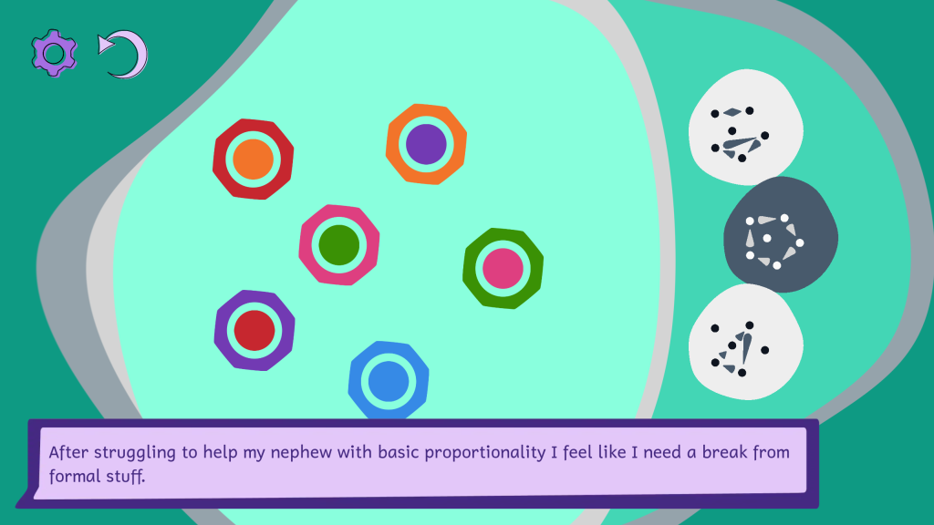 Screenshot from video game submission: Life In Small Steps, showing a colour dot puzzle and dialogue "after struggling to help my nephew with basic proportionality, I feel like I need a break from formal stuff".