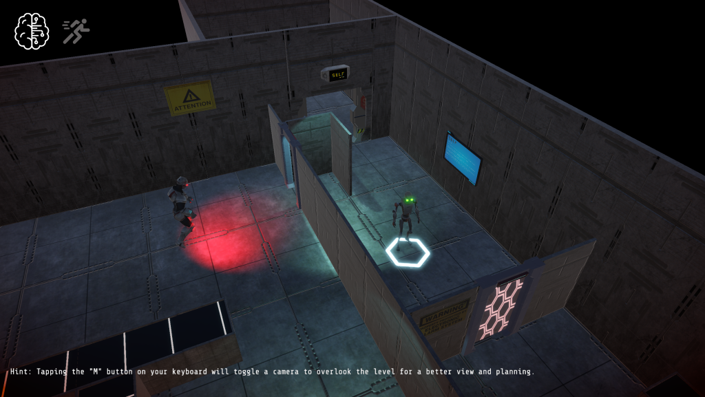 Screen shot from video game submission: Mind Over Machine, showing a robot protagonist hiding behind a wall to avoid an enemy robot.