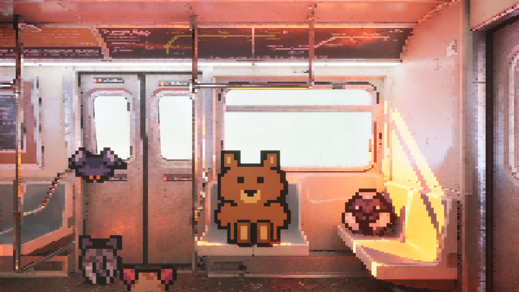 Screenshot from video game submission: On The Trajectory Of Your Rocket To The Moon, showing bear protagonist sat on a train.