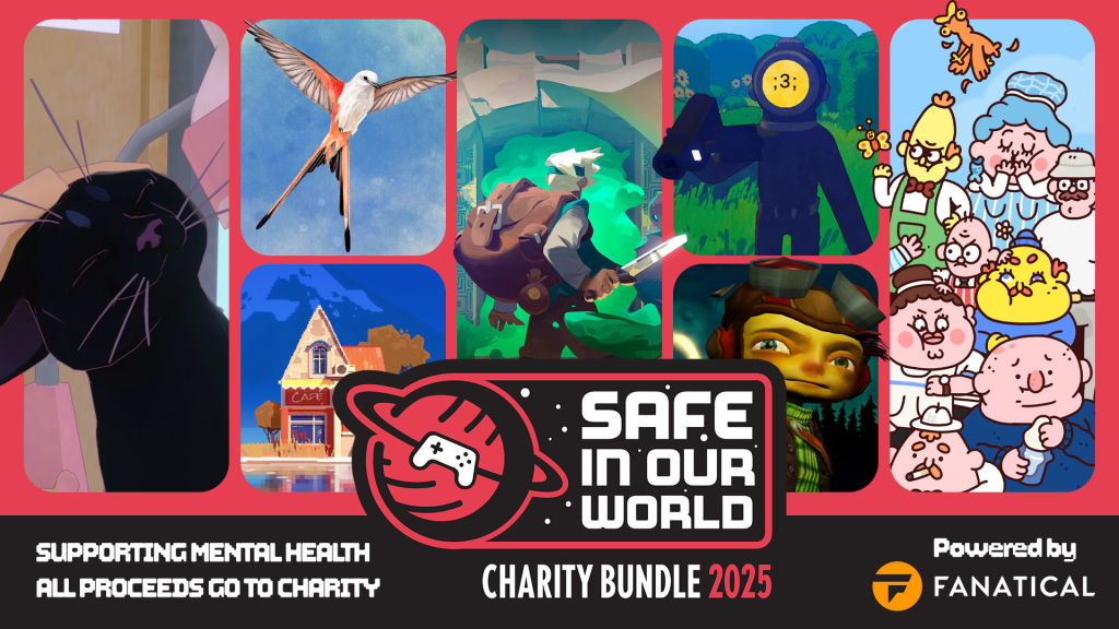 Image contains key art or screenshots from games such as Little Kitty Big City, Wingspan, Summerhouse, Moonlighter, Content Warning, Psychonauts, and Thank Goodness You're Here. Contains the Safe In Our World Charity Bundle 2025 Logo, powered by Fanatical, all proceeds go to charity.