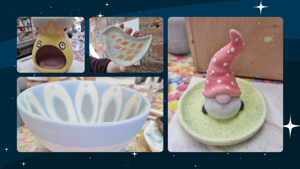 A collage of unglazed pottery painted by the Safe In Our World team.