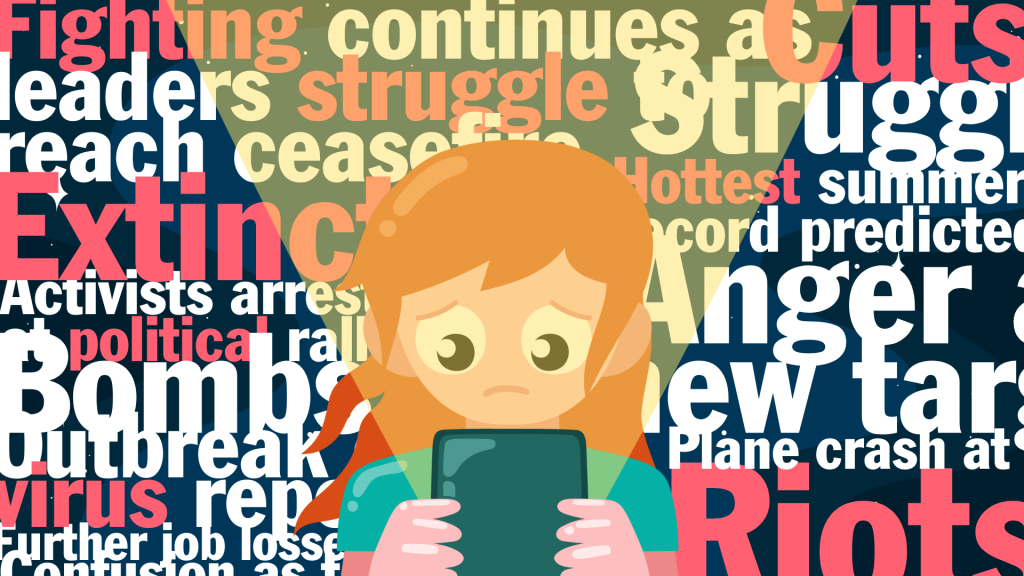 Cartoon person on their phone, surrounded by news headlines that would make someone feel anxious and potentially trigger continued doomscrolling.