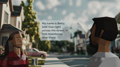 Screenshot from video game IKEELYA, showing a male and female character. The female character saying: "My name is Betty, and I live right across the street, in that townhouse over there."