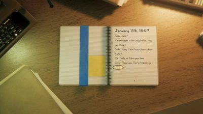 Screenshot of video game Between the Lines, showing notebook with dialogue from campus support helpline call.