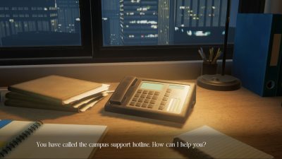 Screenshot of video game Between the Lines, showing telephone on desk with subtitle "You have called the campus support hotline. How can I help you?"