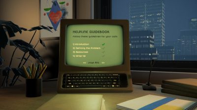 Screenshot from video game Between the Lines, showing computer with helpline guidebook