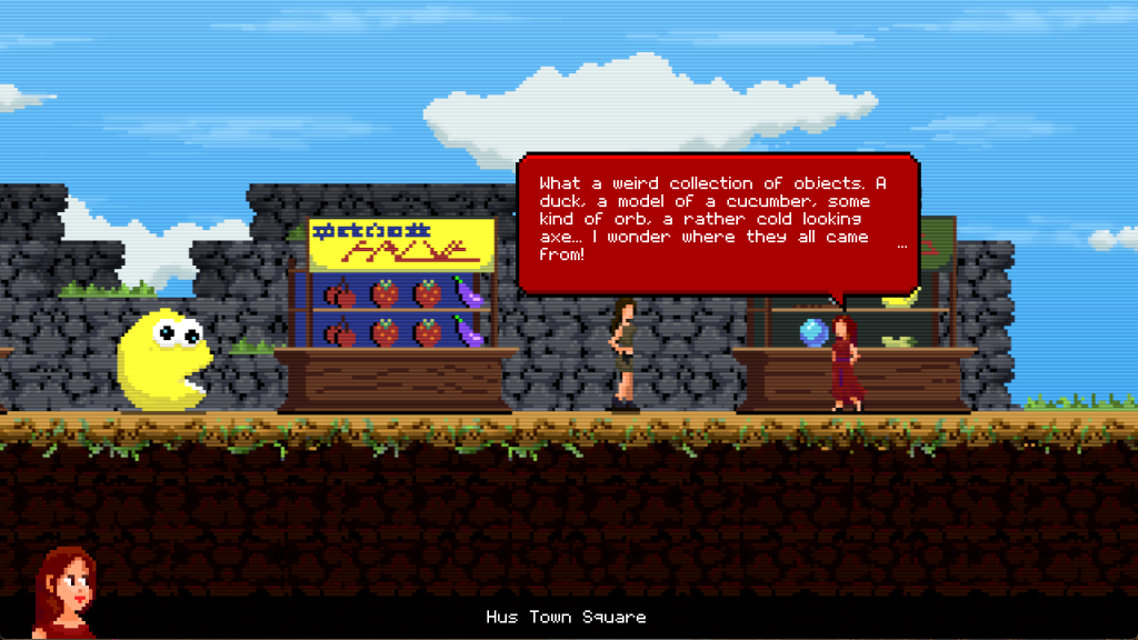 A screenshot from the game Quantum Witch, showing a pixel shop, with someone saying "what a weird collection of objects - a duck, a model cucumber, a rather cold looking axe, I wonder where they all came from!"