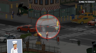 Screenshot from IKEELYA, showing sniper crosshair above persons head who is walking down a street