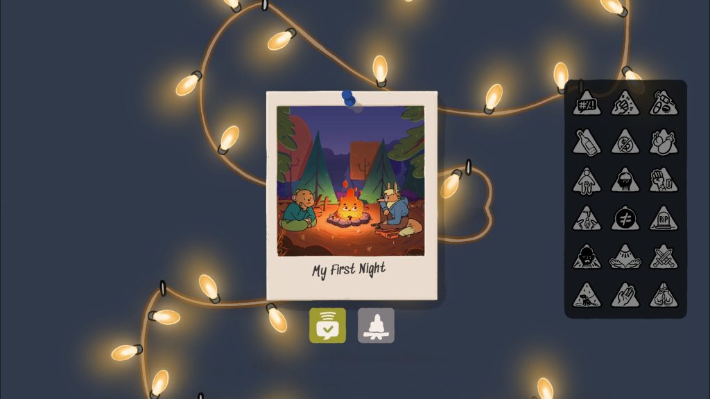 String lights holding a polaroid shot of a scene from the game Fireside Feelings.