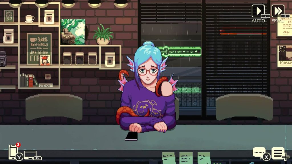 Aqua, a mermaid game dev character from video game Coffee Talk, sat at the bar, looking shy