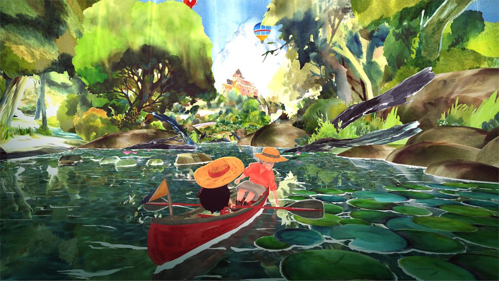 Screenshot of a beautiful lake with people in a boat from game Dordogne
