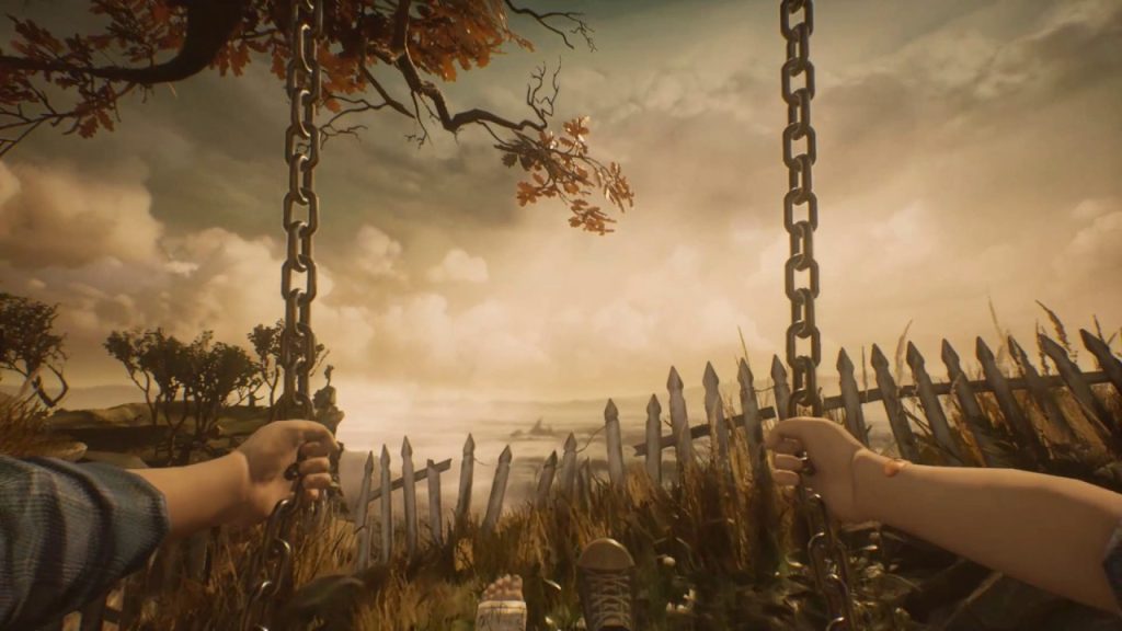 Person on swing shown in first-person view, from video game What Remains of Edith Finch