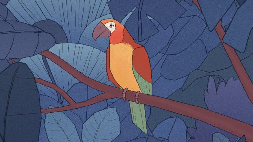 A colourful cartoon bird sat against a dark background. From Bird Alone video game.