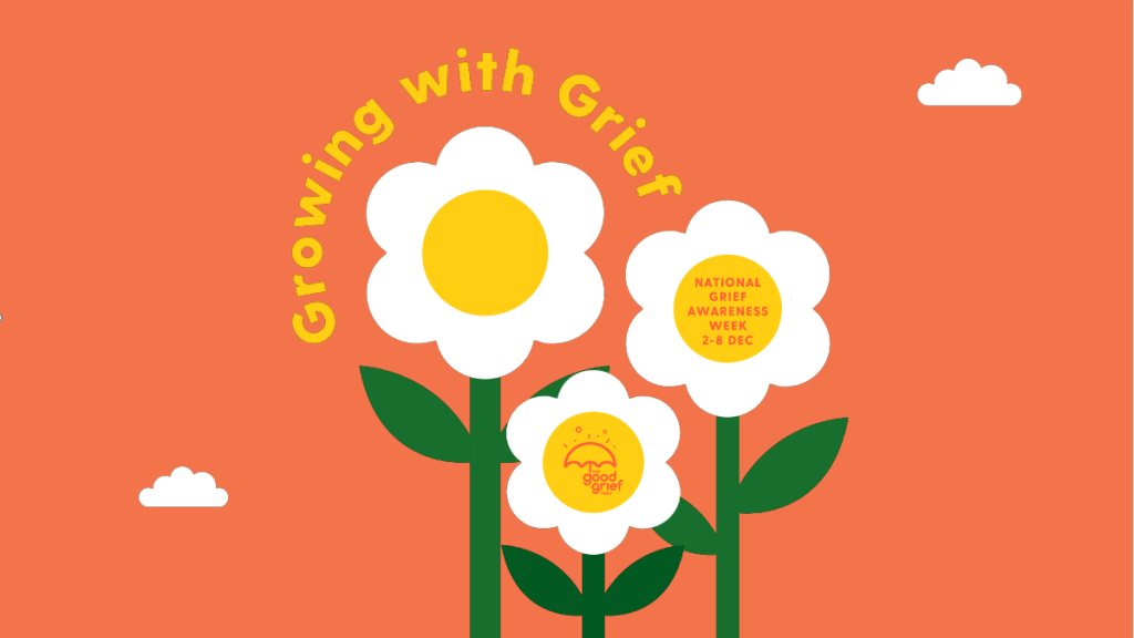 Three white flowers with yellow centres and green stems with leaves, against an orange background. Text reads "growing with grief".