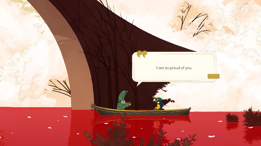 Screenshot of a scene from Spiritfarer, with a spirit telling Stella that they're proud of her.