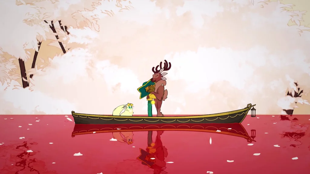 Screenshot from video game Spiritfarer with two characters hugging.