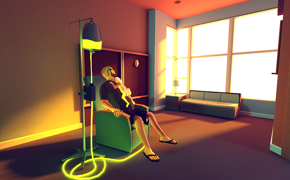 Screenshot from video game That Dragon, Cancer, showing a parent and child sat together in a chair in a chemotherapy treatment room.