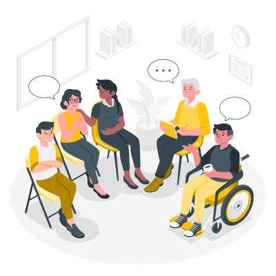 Illustration of five adults seated in a circle on chairs in a group discussion setting. One person uses a wheelchair, and several people have speech bubbles above them, indicating conversation. The group is arranged in a bright room with simple decor, including shelves, a clock, and a potted plant, suggesting a supportive meeting or group session environment.