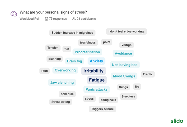 Graphic of a word cloud. Title reads: What are your personal signs of stress? Responses: Sudden increase in migraines, I don't feel enjoy working, Tension, fun, tearfulness, point, Vertigo, planning, Ptsd, schedule, Stress eating, stress, biting nails, Sleepless, Triggers seizure, things, Ibs, Frantic Responses with some commonality: Procrastination, Avoidance, Brain fog, not leaving bed, Mood Swings, Overworking, Jaw clenching, Panic attacks Reponses with more commonalities: Anxiety, Irritability, Fatigue