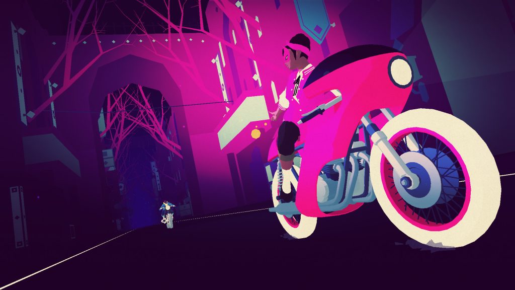 Screenshot from video game Sayonara Wild Hearts, a person leaning against a bright pink motorbike, as part of Safe In Our World's queer gaming recommendations.