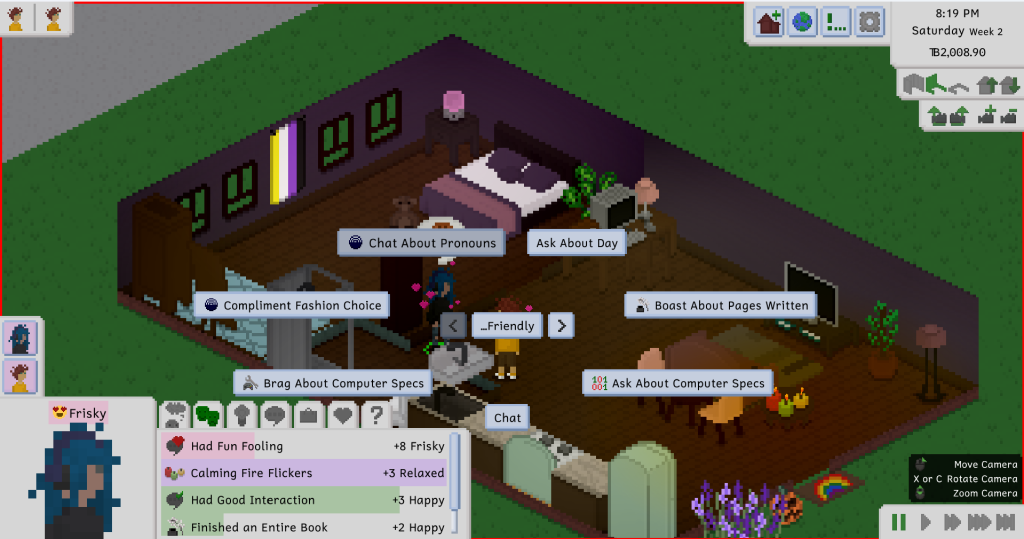 Screenshot from video game Tiny Life, showing Tiny character moving about their house, with small options presented to them for what to do next.