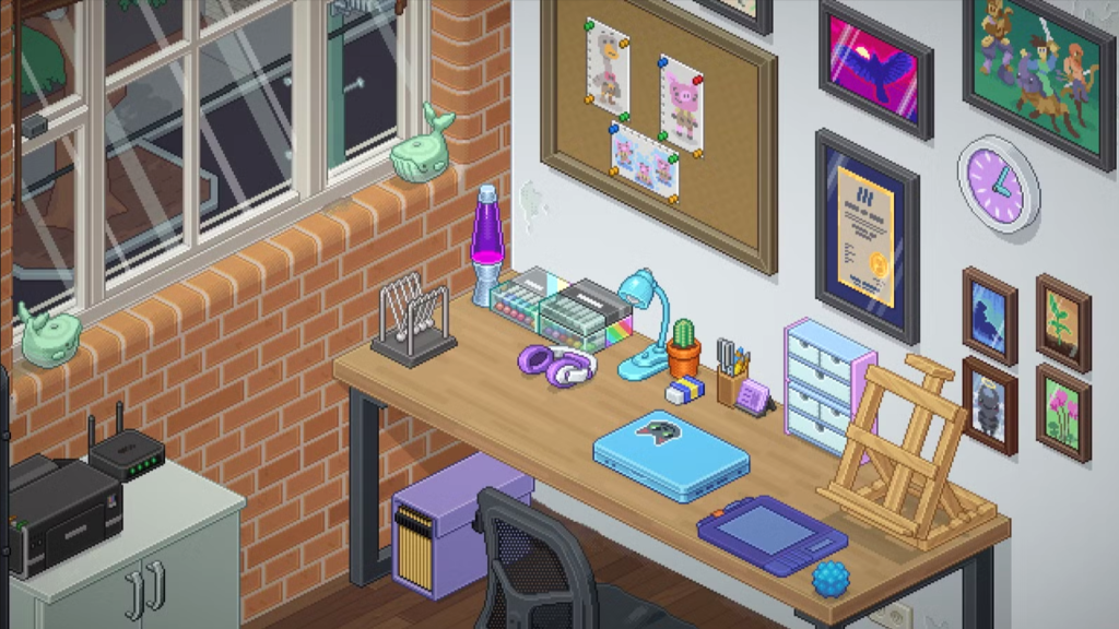 Screenshot from video game Unpacking, showing a desk with various items, against a wall with framed photos and certificates, and a cork board with artwork pinned up, as part of Safe In Our World's queer gaming recommendations.