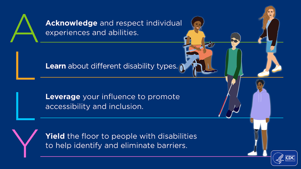 A - Acknowledge (and respect) individual experiences and abilities L - Learn about different disability types L - Leverage your influence and privilege to promote accessibility and inclusion Y - Yield the floor to people with disabilities to help identify and eliminate barriers