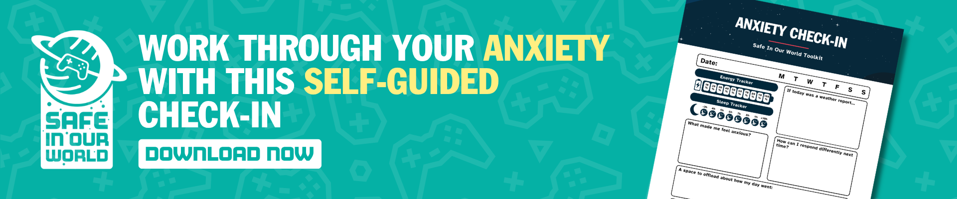 A banner reads "Work through your anxiety with this self-guided check-in. Download now." Next to the text there is an image of the anxiety check-in worksheet.