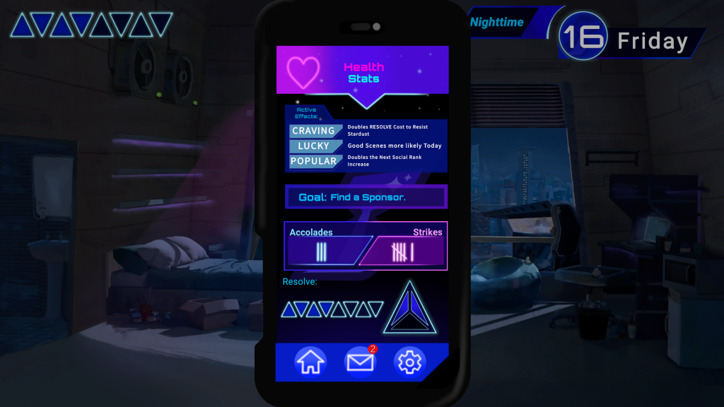 A mobile phone screen UI from video game 30 Days: A Sobriety Simulator, showing stats for the player, including their resolve, their goal, and their active effects.