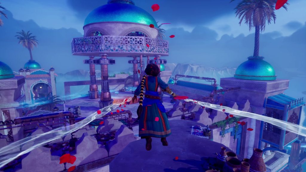 Protagonist from video game The House of Hikmah, moving through the world, leaving a trail of mist behind her from her hands.