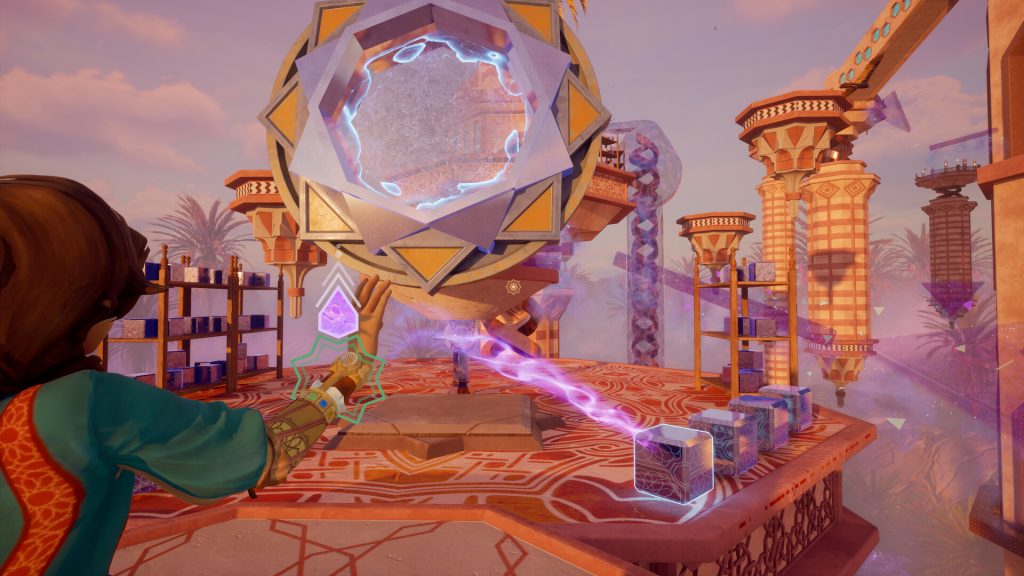 Protagonist from video game The House of Hikmah, working to complete a puzzle involving four cubes and an octagonal shaped mechanism.