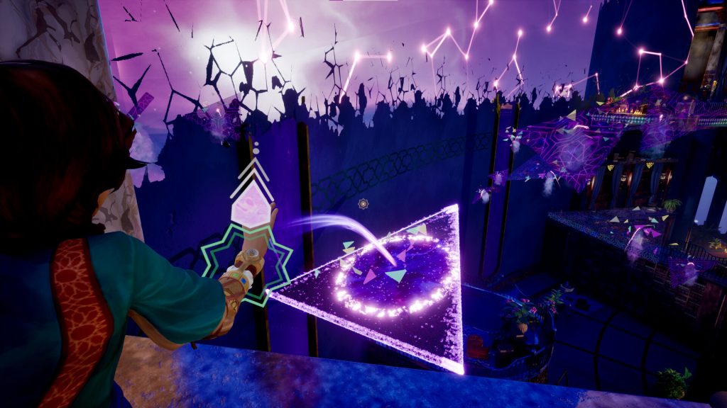 Protagonist from video game The House of Hikmah, focusing on completing a puzzle from the game, using her hand to influence a triangle with a circle in it that floats below where she stands on a balcony.