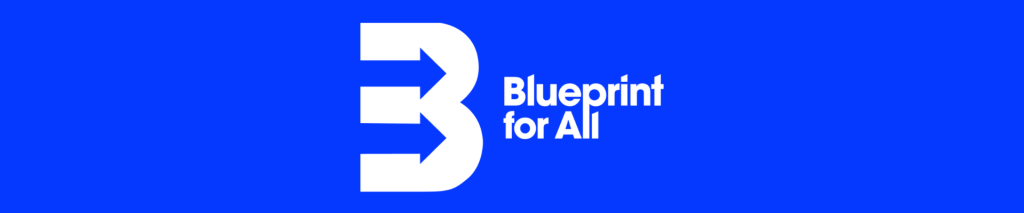 Small, bright blue banner with the white logo for Blueprint For All charity.