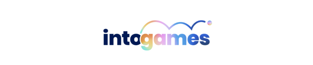 Small white banner with the into games logo in dark blue and a multicolour gradient.