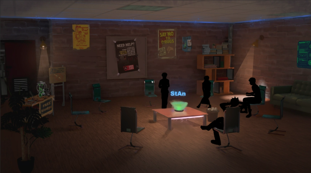 Scene from video game 30 Days: A Sobriety Simulator showing a poster for Safe In Our World in the background, with a scannable QR code that takes you to safe in our world dot org.