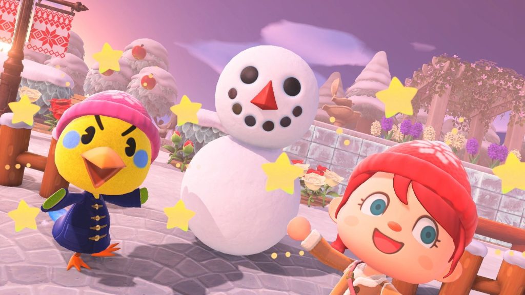 Screenshot from video game "Animal Crossing" with a snowman.