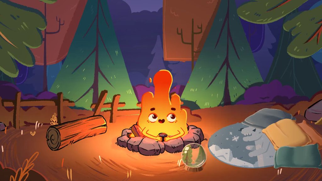 Screenshot from video game "Fireside Feelings" with a campfire in the forest.