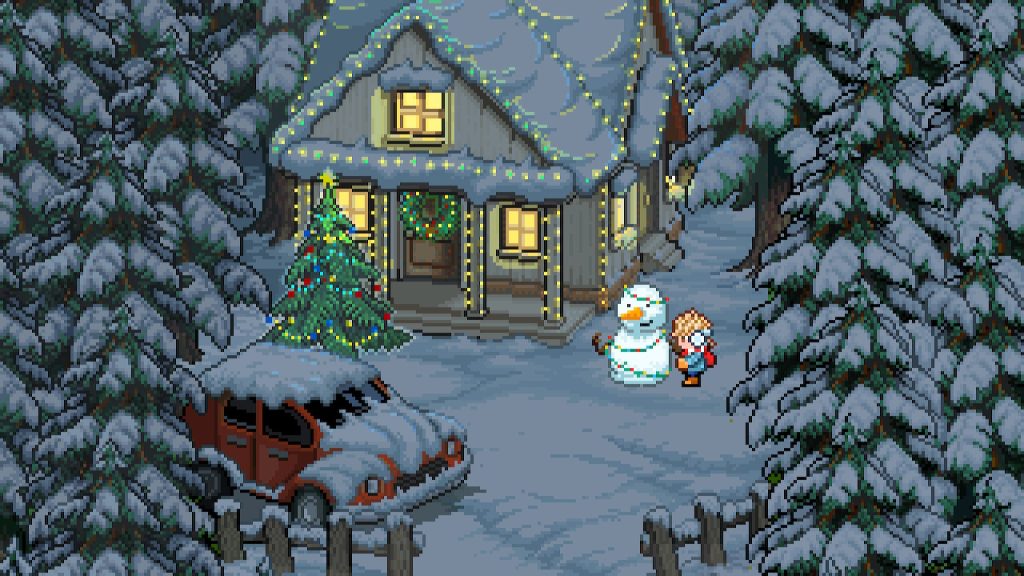 Screenshot from video game "Snowman Story" showing a snowman and a person beside a snowy house.