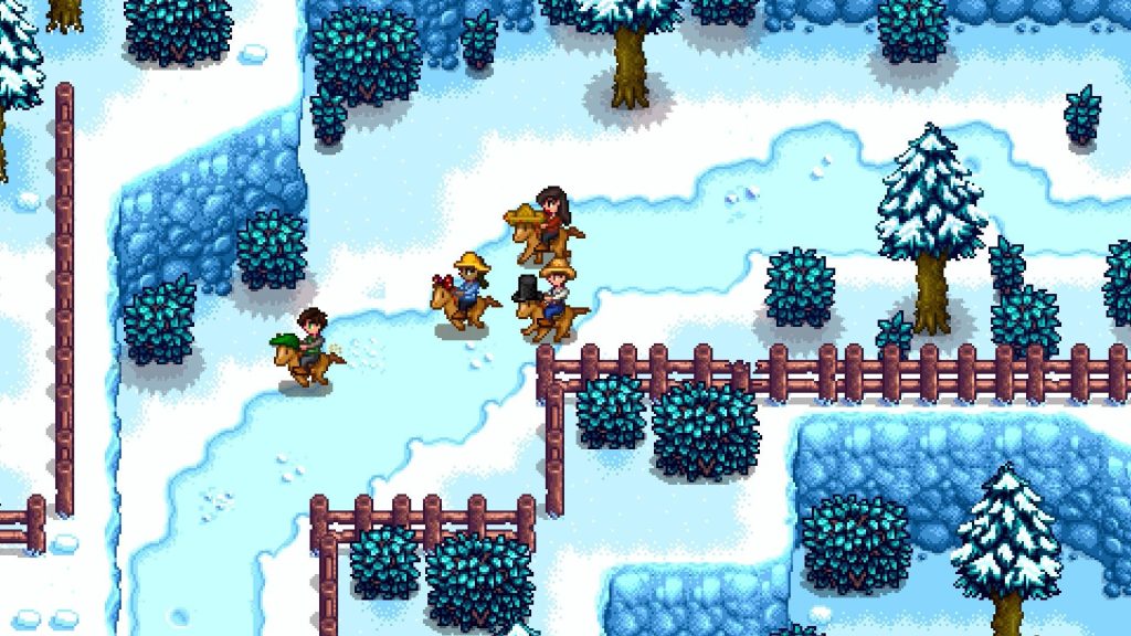Screenshot from video game "Stardew Valley" wintery scene with multiplayer.